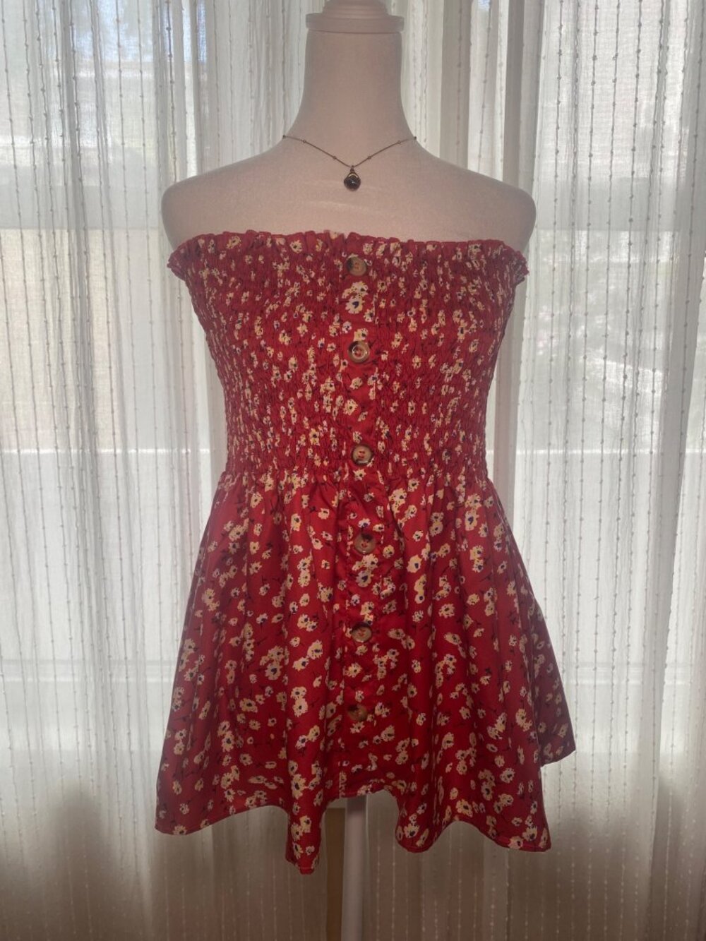 Floral Smocked Peplum Tube Top Red Boho Cottagecore size L